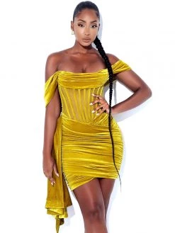 Miss Circle Irisa Gold Draping Off Shoulder Corset Dress Corsets