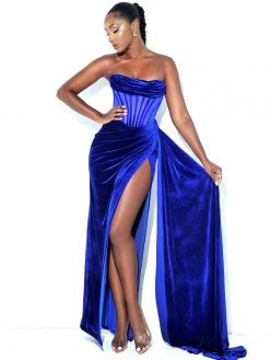 Miss Circle Priya Royal Blue Draping Corset High Slit Velvet Gown Corsets
