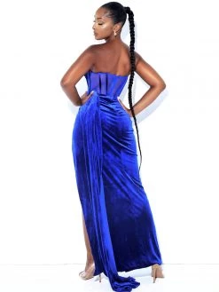 Miss Circle Priya Royal Blue Draping Corset High Slit Velvet Gown Corsets