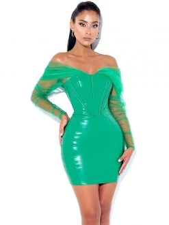 Miss Circle Corsets Faina Green Mesh Sleeve Leather Corset Dress