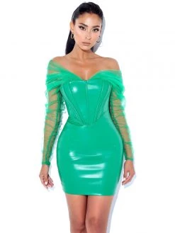 Miss Circle Corsets Faina Green Mesh Sleeve Leather Corset Dress