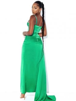 Miss Circle Vanity Green Satin High Slit Draping Corset Gown With Crystals