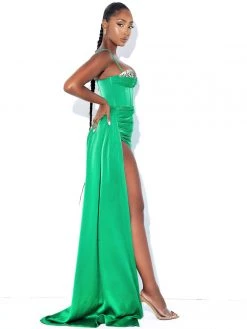 Miss Circle Vanity Green Satin High Slit Draping Corset Gown With Crystals