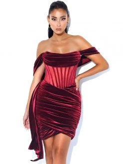 Miss Circle Corsets Irisa Burgundy Draping Off Shoulder Corset Dress
