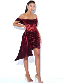 Miss Circle Corsets Irisa Burgundy Draping Off Shoulder Corset Dress
