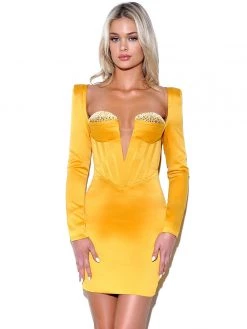 Miss Circle Camila Gold Satin Corset Dress With Crystals