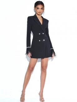 Miss Circle Quilla Black Feather Crystal Sleeve Backless Blazer Dress