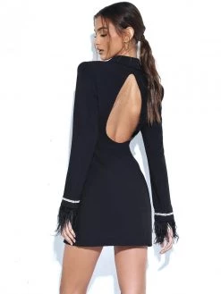 Miss Circle Quilla Black Feather Crystal Sleeve Backless Blazer Dress