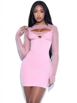 Miss Circle Winston Blush Pink Mesh Long Sleeve Corset Crepe Dress