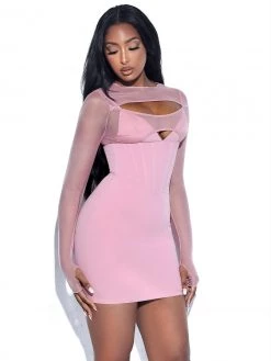 Miss Circle Winston Blush Pink Mesh Long Sleeve Corset Crepe Dress