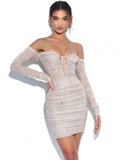 Miss Circle Blanca Beige Off Shoulder Long Sleeve Mesh Dress With Crystals