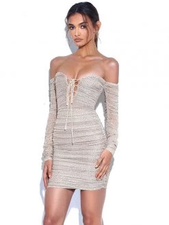 Miss Circle Blanca Beige Off Shoulder Long Sleeve Mesh Dress With Crystals