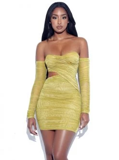 Miss Circle Mayara Mustard Off Shoulder Mesh Cutout Dress Dresses