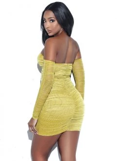 Miss Circle Mayara Mustard Off Shoulder Mesh Cutout Dress Dresses