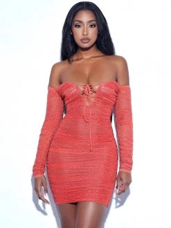 Miss Circle Dresses Blanca Poppy Off Shoulder Long Sleeve Mesh Dress With Crystals