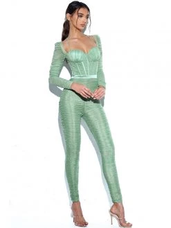 Miss Circle Corsets Quiana Basil Ruched Mesh Corset Jumpsuit