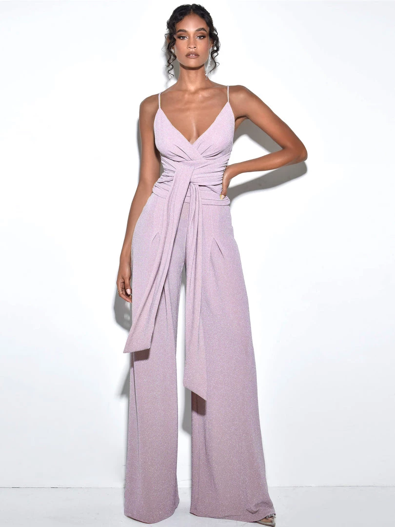 Miss Circle Quita Purple Metallic Tie Front Wide Leg Jumpsuit Dresses