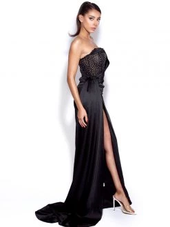 Miss Circle Holly Black Crystallized Corset High Slit Satin Gown