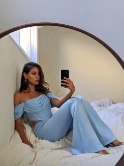 Miss Circle Taya Blue Crepe Flared Trousers Bottoms