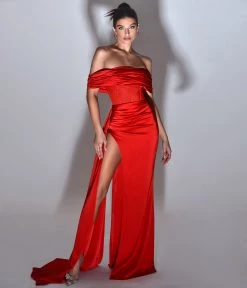 Miss Circle Norma Red Off Shoulder Crystallized Corset Satin Gown Corsets