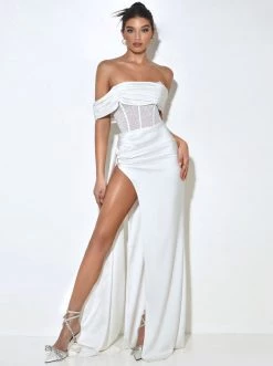 Miss Circle Corsets Norma White Off Shoulder Crystallized Corset Satin Gown