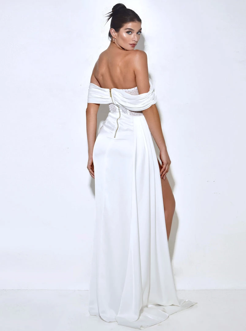 Miss Circle Corsets Norma White Off Shoulder Crystallized Corset Satin Gown
