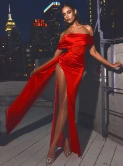 Miss Circle Norma Red Off Shoulder Crystallized Corset Satin Gown Corsets