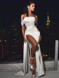 Miss Circle Corsets Norma White Off Shoulder Crystallized Corset Satin Gown