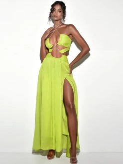 Miss Circle Dresses Quinby Lemon Silk Pleated Lace Up Maxi Dress