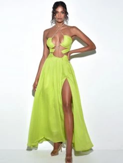 Miss Circle Dresses Quinby Lemon Silk Pleated Lace Up Maxi Dress