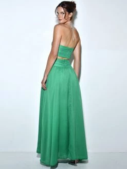 Miss Circle Quinby Green Silk Pleated Lace Up Maxi Dress Dresses