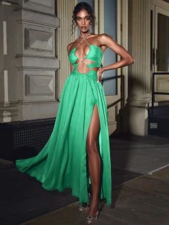 Miss Circle Quinby Green Silk Pleated Lace Up Maxi Dress Dresses