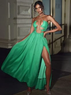 Miss Circle Quinby Green Silk Pleated Lace Up Maxi Dress Dresses