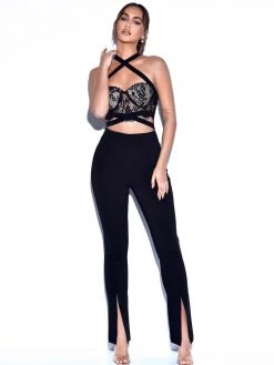 Miss Circle New In Carmela Black Lace Halter Neck Jumpsuit