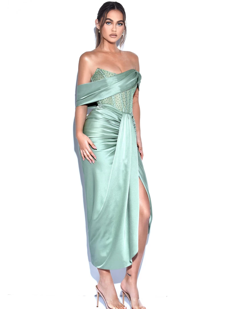 Miss Circle Stella Basil Off Shoulder Crystal Corset Satin Gown Corsets