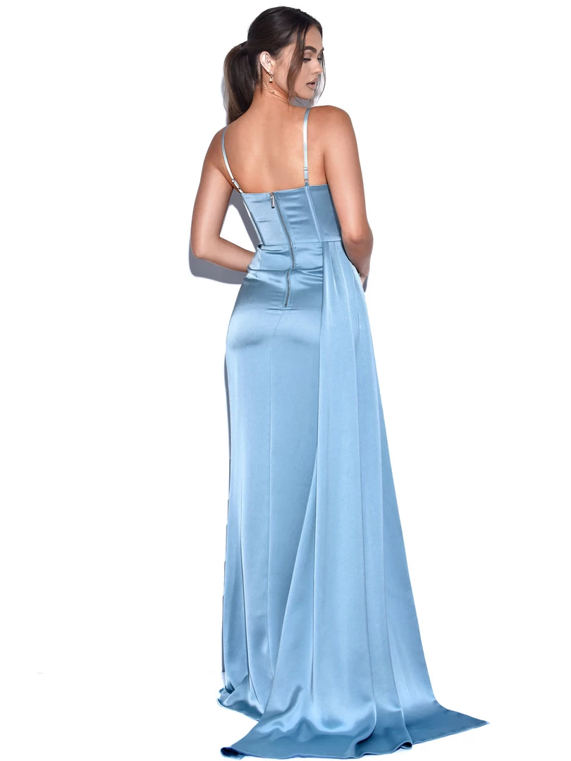 Miss Circle Elayna Pale Blue Strappy Satin Corset High Slit Gown