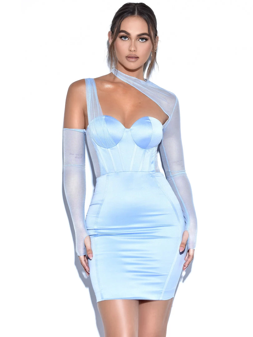 Miss Circle Everlee Baby Blue Mesh Sleeve Satin Corset Dress Corsets
