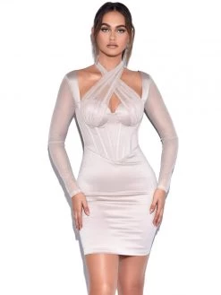 Miss Circle Jocelynn Beige Satin Mesh Long Sleeve Corset Dress
