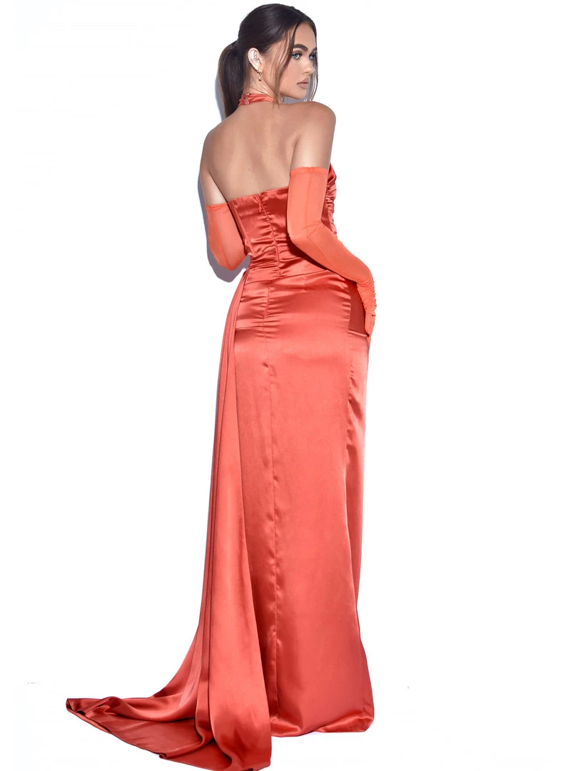 Miss Circle Wonder Poppy Satin High Slit Draping Gown