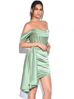 Miss Circle Corsets Kendal Basil Satin Draping Off Shoulder Corset Dress