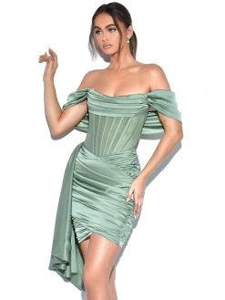 Miss Circle Corsets Kendal Basil Satin Draping Off Shoulder Corset Dress
