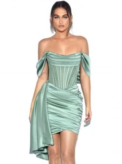 Miss Circle Corsets Kendal Basil Satin Draping Off Shoulder Corset Dress