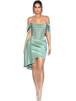 Miss Circle Corsets Kendal Basil Satin Draping Off Shoulder Corset Dress