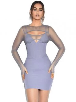 Miss Circle Winston Grey Mesh Long Sleeve Corset Crepe Dress