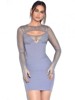 Miss Circle Winston Grey Mesh Long Sleeve Corset Crepe Dress