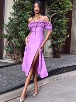 Miss Circle Quinley Lilac Off Shoulder Linen Midi Dress Sale