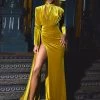 Miss Circle Zenaida Gold Cutout High Slit Velvet Gown