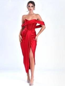 Miss Circle Stella Burgundy Off Shoulder Crystal Corset Satin Gown Corsets