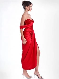 Miss Circle Stella Burgundy Off Shoulder Crystal Corset Satin Gown Corsets