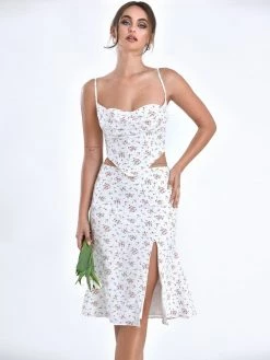 Miss Circle Mary White Floral Slit Skirt With Crystal Waist String